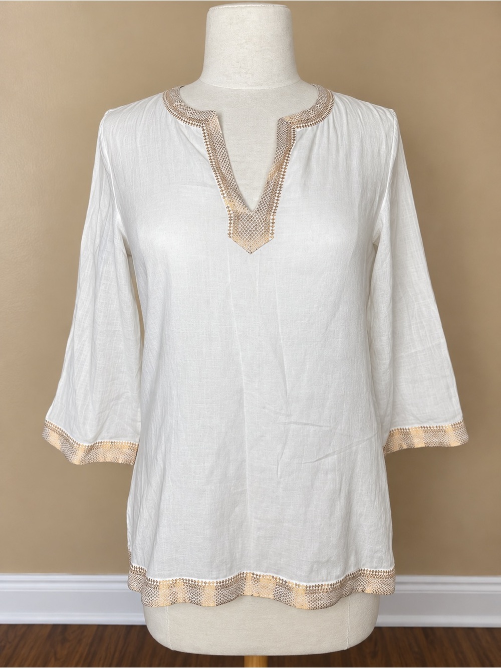 Lauren Ralph Lauren White Gold Trim Cotton Tunic Size Medium